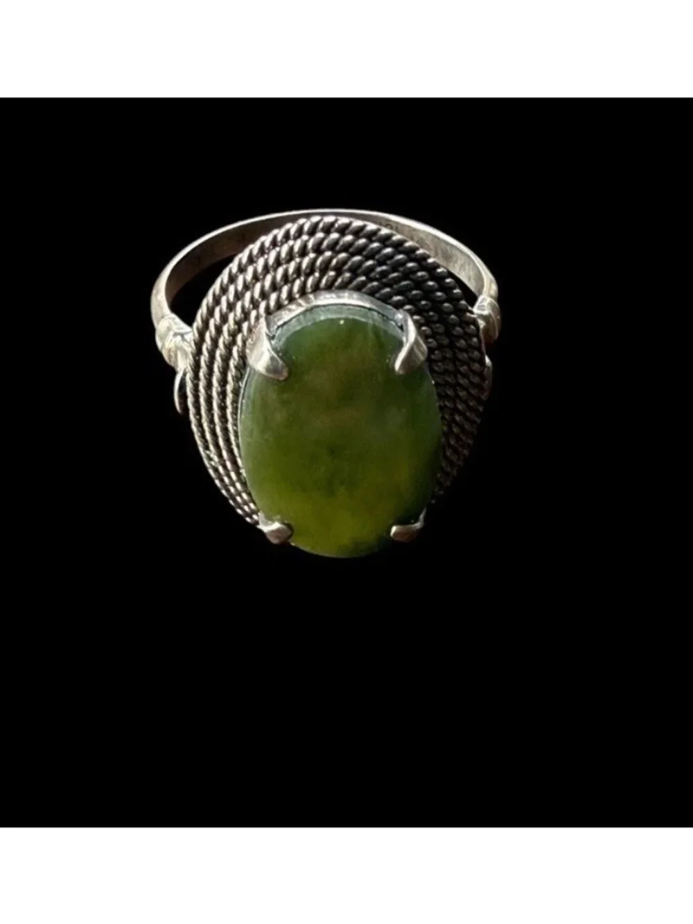 Vintage Sterling Silver Oval Green Jade Cabochon Ring Twisted Rope Border